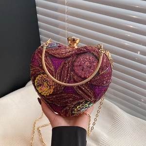 Heart Shaped Evening Bag Acrylic Sequin Embroidered Floral Clutch With Ring Handle And Chain Strap For Party Wedding