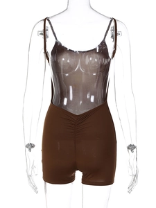 Close-up of the back ruching detail on this slim fit brown halter neck romper for women