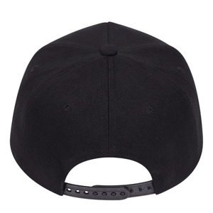 Detail view of the black cotton baseball cap showing adjustable snapback closure and texture