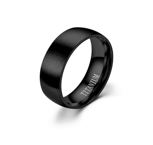 Matte black titanium steel ring with brushed finish and polished inner band