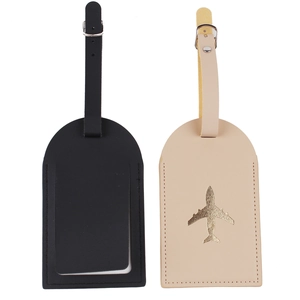 Waterproof leather luggage tags in black and beige with gold airplane pattern design