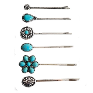 6-piece bohemian hair pin set with turquoise stones and vintage silver alloy floral motifs