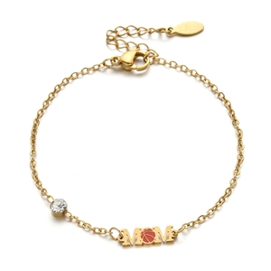 Detail of gold stainless steel MOM bracelet featuring a basketball-style O and crystal charm