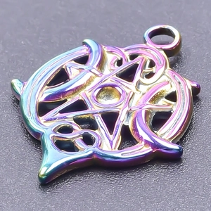 Macro shot of iridescent 18k gold plated stainless steel star pendant with vibrant rainbow finish