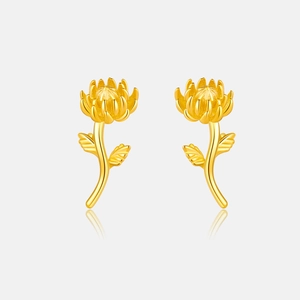 Detailed view of golden daisy earrings with textured petals and elegant curved stems