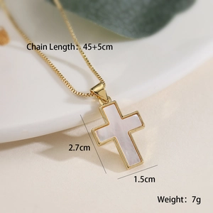 18K gold plated cross pendant necklace with white mother of pearl inlay and box chain