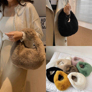 Collage of plush faux fur hobo bags in various colors like beige, pink, and brown