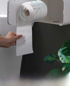 Detail of wall-mounted paper holder with innovative hidden rod for easy tissue dispensing