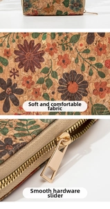 Detail of vintage cork wallet featuring floral print and high-quality gold zipper hardware