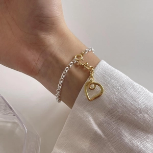 Minimalist S925 silver heart charm bracelet with gold and silver two-tone link chain