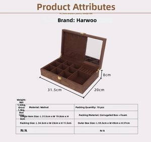 Tableau des tailles détaillé de la boîte à montres en noyer avec 9 fentes et baguier