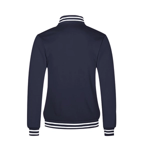Vista posteriore della giacca baseball blu navy con colletto e polsini a righe