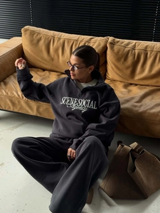 Chic dark grey half-zip oversized sweatshirt and matching joggers set with embroidery
