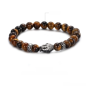 Detailed view of 8mm golden tiger eye beads with silver Buddha head and ornate metal spacers