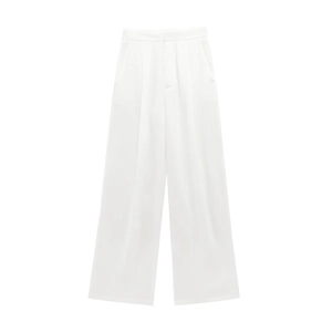 Elegant white high-waisted wide leg trousers with professional drape and clean minimalist cut