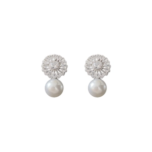 Elegant silver flower earrings with zircons and hanging white pearls for women