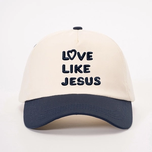 Love Like Jesus embroidered baseball cap in cream and navy blue contrast colors
