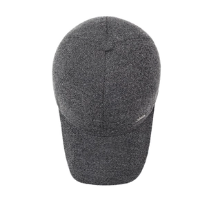 Men's winter grey tweed baseball cap with ear flaps and metallic logo plaque detail