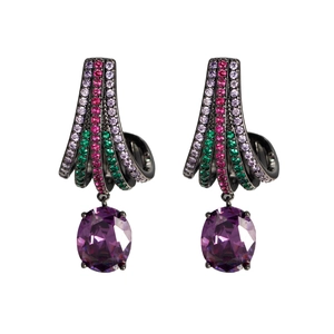 Vintage style drop earrings featuring large purple zircon and colorful pavé stones