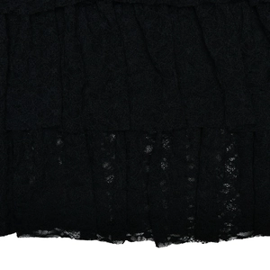 Close-up of intricate black lace fabric with detailed patterns and scalloped edges