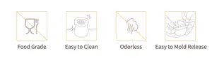 Icons showing food-grade safety, easy cleaning, odorless material, and easy demolding feature