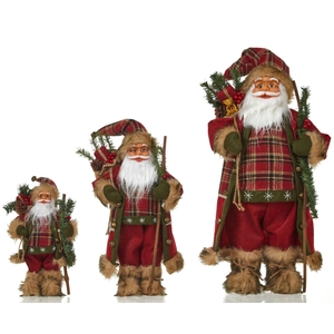 Three Santa figurines in red plaid outfits with gift bags for Christmas home decoration