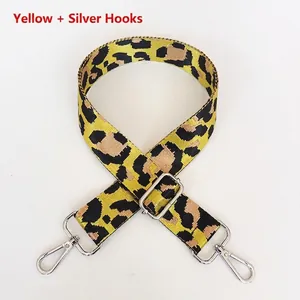 Detail of adjustable nylon shoulder strap with leopard pattern and silver metal hooks