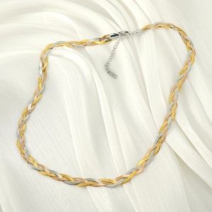 Three-tone braided titanium steel necklace set with gold silver and rose gold blade chains