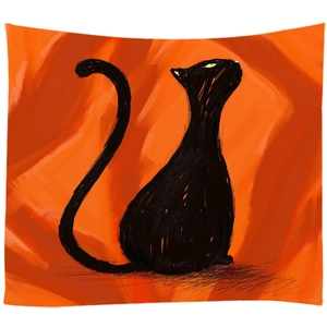 Künstlerischer Wandteppich mit schwarzer Katzensilhouette und abstraktem orangefarbenem Motiv