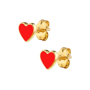 Detail of red enamel heart stud earrings with secure butterfly backs and golden finish