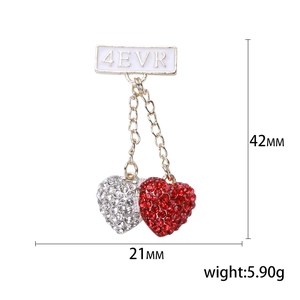 Dual heart brooch with red and silver rhinestones and 4EVR engraved plate on white base