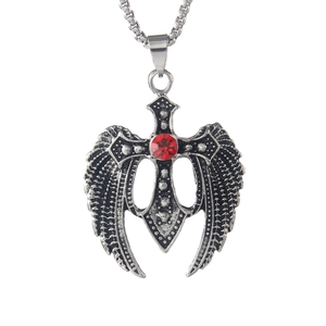 Gothic winged cross necklace in vintage silver with a red crystal stone and metal chain