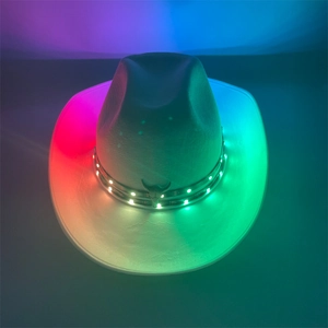 Top view of white LED cowboy hat with vibrant RGB light band for festive glow