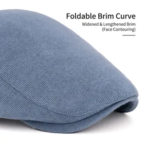 Light blue corduroy beret hat with a wide foldable brim for winter face shaping