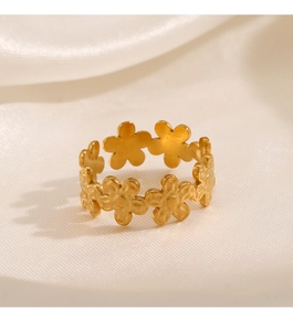 Macro shot of gold floral band ring showing intricate matte texture and adjustable open back