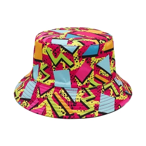 Retro 90s style bucket hat with vibrant geometric prints and colorful patterns for women