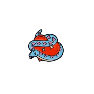 Cartoon blue snake and red heart enamel pin brooch with colorful stars on white background