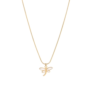 Elegant gold snake chain necklace with a minimalist dragonfly pendant and white enamel wings