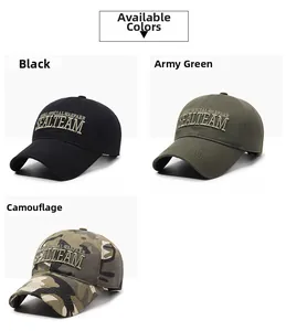 Detailed comparison of tactical baseball caps in black, army green, and jungle camouflage