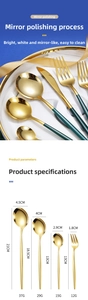 Size specifications for gold and green 304 stainless steel cutlery set with measurements