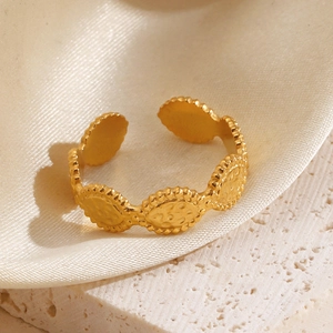 Golden vintage coin style geometric open ring for women in textured stainless steel