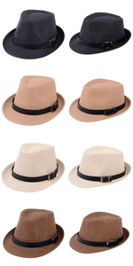 Four colors of straw Fedora hats with leather bands and metal buckles for summer