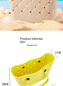 Detailed internal structure and dimensions of waterproof EVA beach tote bags in yellow and apricot
