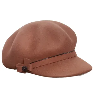 Coffee brown wool newsboy cap for women featuring elegant bow and diamond details