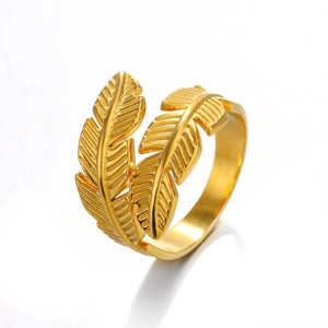 Elegant gold-plated stainless steel leaf ring with adjustable open wrap feather design