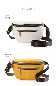 Detailed comparison of white and yellow PU leather chest bags with nylon straps
