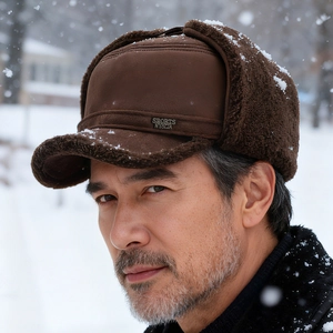 Brown winter trapper hat for men with fleece lining and ear flaps in snow scene