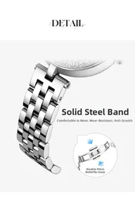 Close-up of silver solid stainless steel five-link watch band with double butterfly clasp