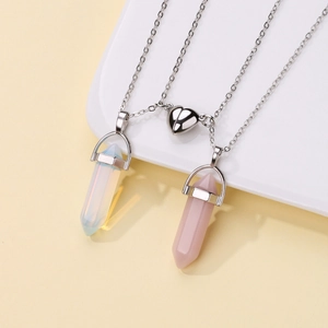 Detail of hexagonal crystal necklaces with heart-shaped magnetic clasp for couples
