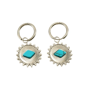 Bohemian silver sunflower earrings with rhombus turquoise stone center on white background